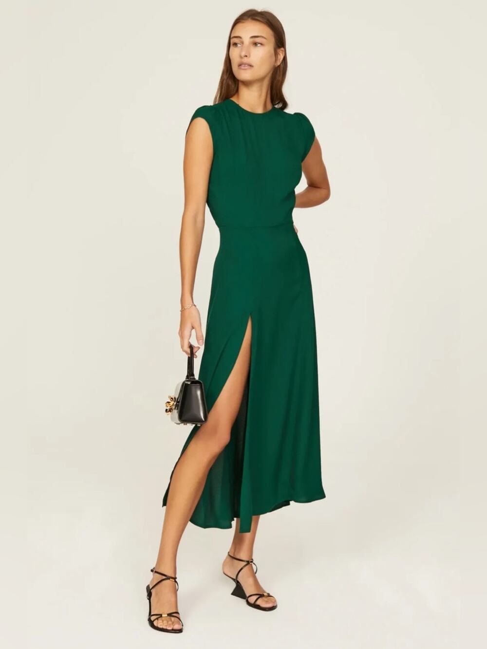 Reformation Deep Emerald Midi Dress with High Side Slit